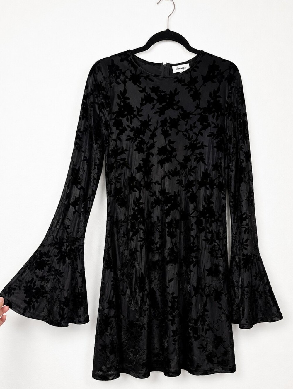 Showpo Black Burnout Velvet Bell Sleeve Mini Dress Goth Witchy Boho US 14
